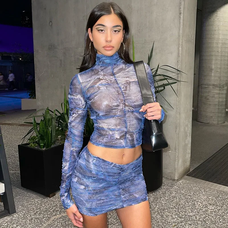 

2022 New Sexy Net Yarn Umbilical Perspective Long Sleeve High Neck Top Women Slim Pleats Casual Street Skirt Set Printing Y2k