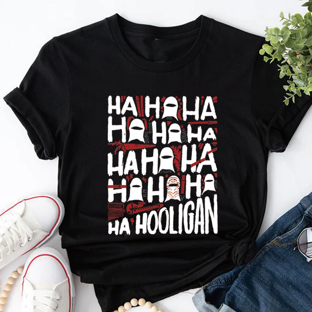 Фото Футболка Hooligan Lyric с забавным принтом K-pop, ретро-футболка с графическим рисунком Ha Ha Ha, концертная футболка в стиле Харадзюку, унисекс, с короткими рукавами, подарки для фанатов №2