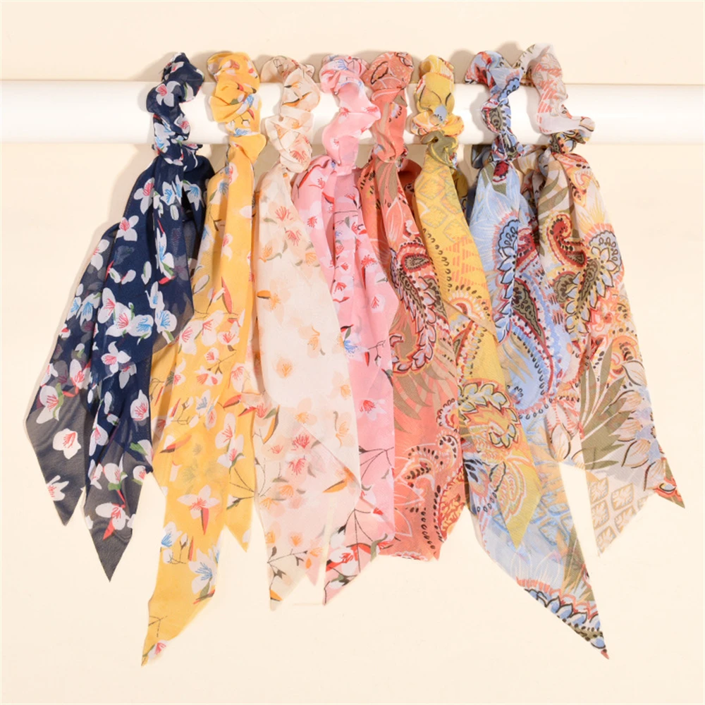 

Chiffon Fragmented Flowers Scrunchies Hairbands Trendy Women Streamer Ponytail Scarf Hair Tie Headwrap Hair Accessories For Girl