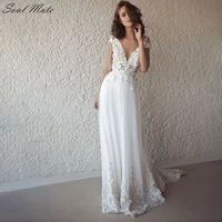 lace appliques backless tulle wedding dress for women boho bridal dress v neck a line bridal gown sweep train robe de mariee