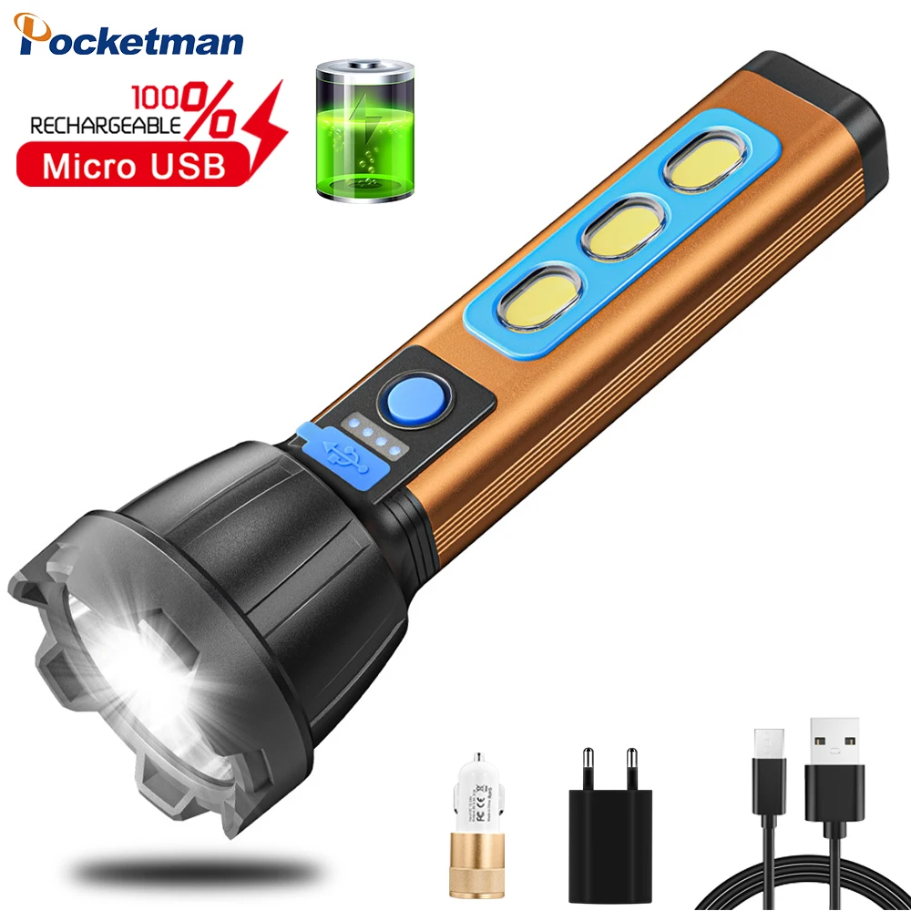 

Суперъяркий светодиодный + боковой COB фонарик, 4 режима, водонепроницаемый USB-зарядка, портативный уличный фонарь для кемпинга, ремонта, авар...