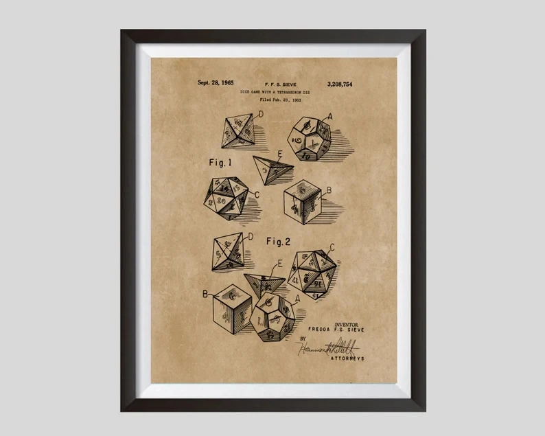 Ретро набор костей для ролевых игр патент печать плакат Подземелья и Драконы