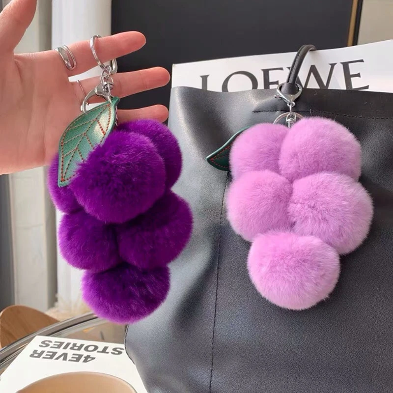 

Rex Rabbit Fur Ball Key Chain Grape Shaped Pom Pom Keychain for Car Key Ring or Handbag Bag Decoration 13 Colors
