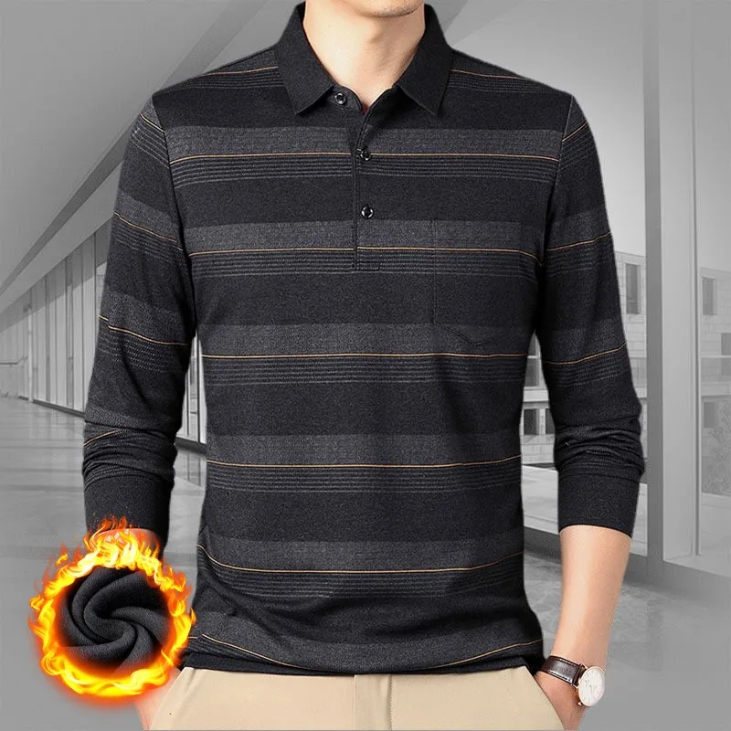 

2 Styles 2023 Autumn and Winter Men's Long Sleeved Plush Thick T-shirt Loose Striped Knit Polo Shirts Men Clothing