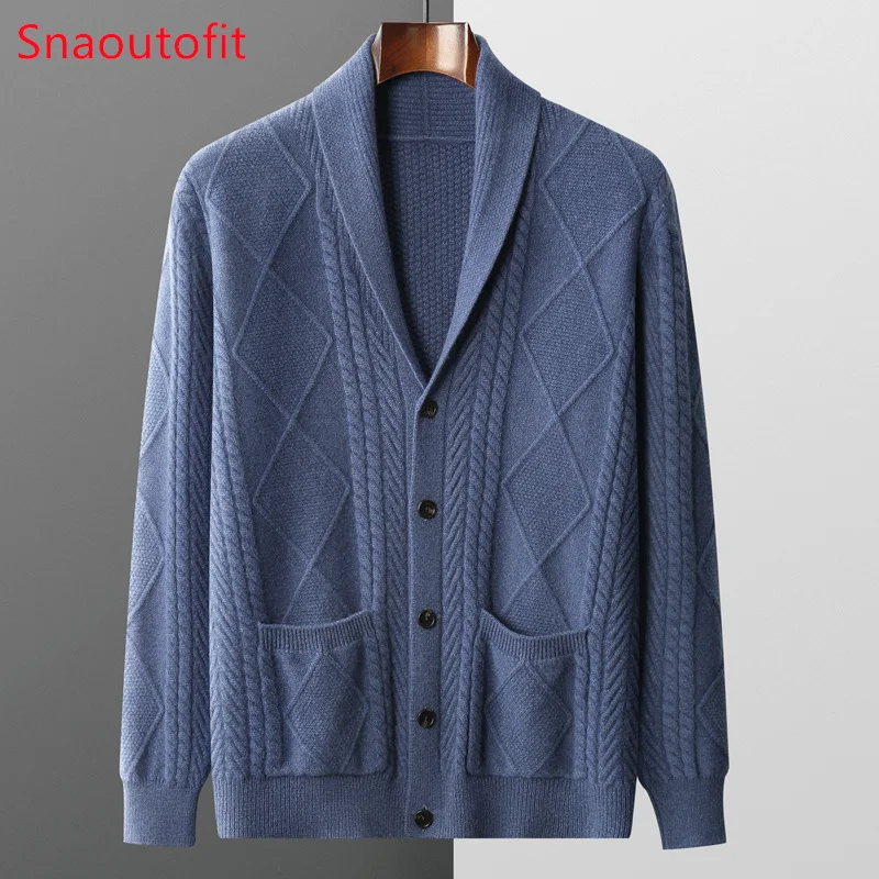 Young and Middle-Aged Pure Wool Cardigan Men's Coat Suit Collar Autumn and Winter Thickened Knitted Sweater Casual Cashmere Top