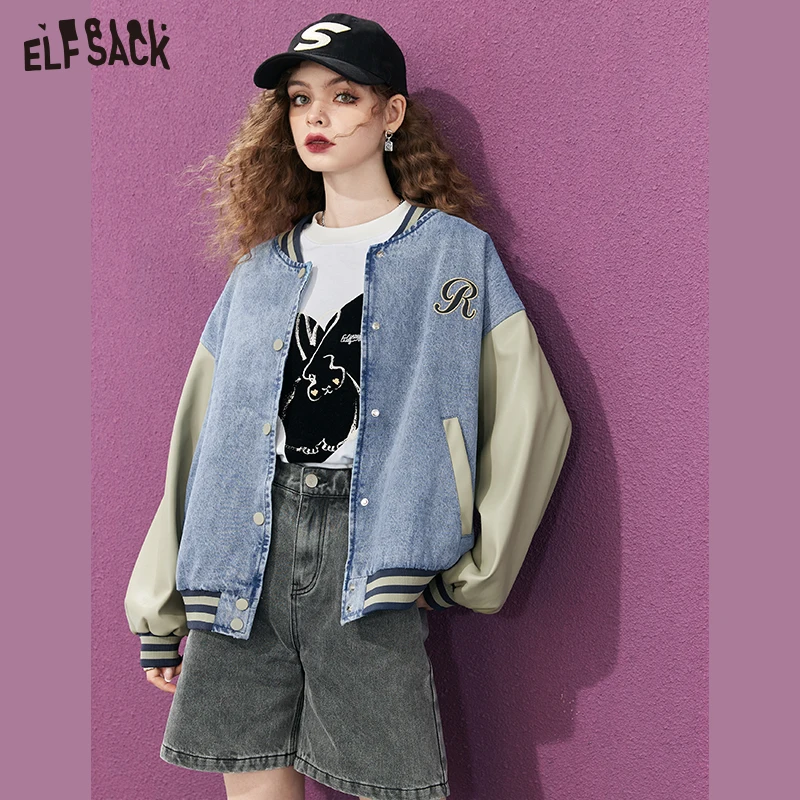 

ELFSACK Spliced Cowboy Baseball Jackets Woman 2023 Spring New Casual Outwears