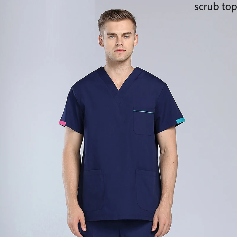 Plug Size Men Scrub Shirt Short Sleeve Doctor Workwear Color Blocking Medical Uniform V Neck Nursing Clothes Surgical Overalls