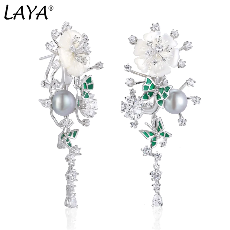 Laya Natural Pearl Earrings For Women Pure 925 Sterling Silver Delicate White Flowers Dangling серьги Fine Jewelry Handmade Enam