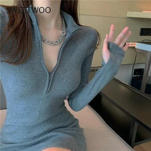 Autumn Winter Stretch Slim Soft Ribbed Knitted Turtleneck Dress Woman Fashion Solid Black Casual Bodycon Zip Dress Tide Fashion