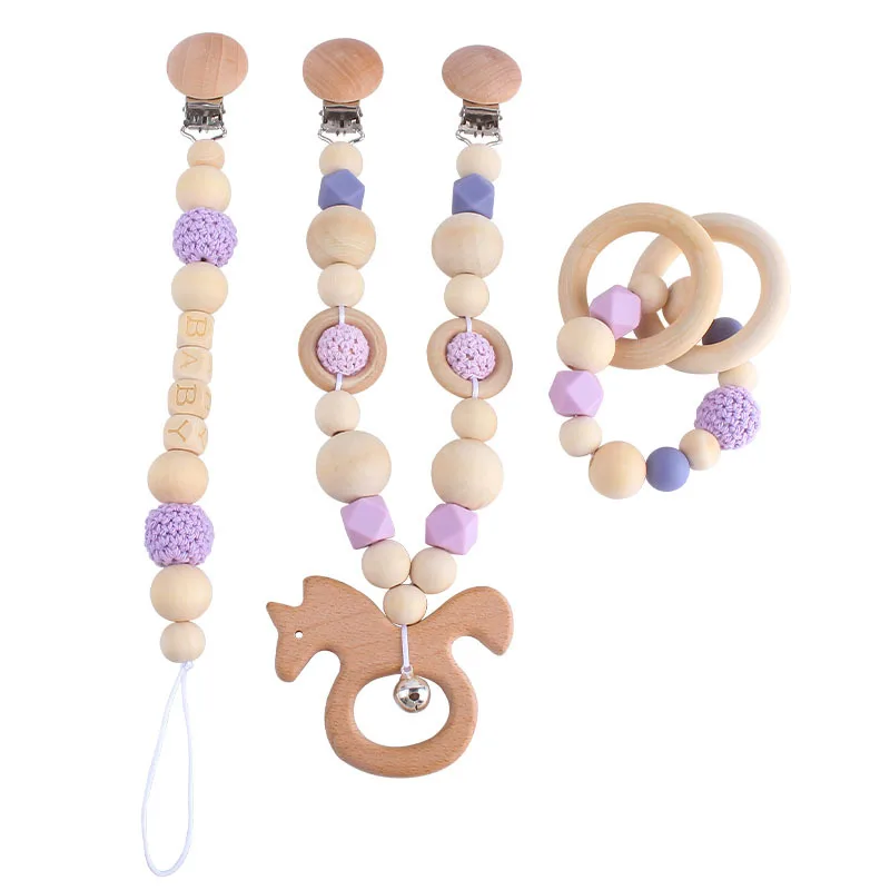 

3PCS Teething Pram Stroller Bell Pacifier Baby Toys Silicone Beads Teethers Wooden Rings Handmade Bracelet Pacifier Chain Clips