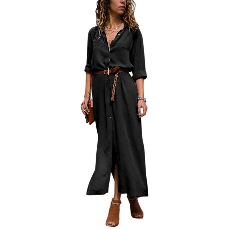 

Women Button Down Collar Roll Up Sleeve Casual Long Maxi Shirt Dress Split Solid