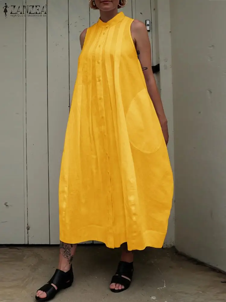 

ZANZEA Fashion Pocket Maxi Holiday Robes Street Oversize Women Sleeveless Tank Dress Casual Loose Pleated Buttons Long Vestidos