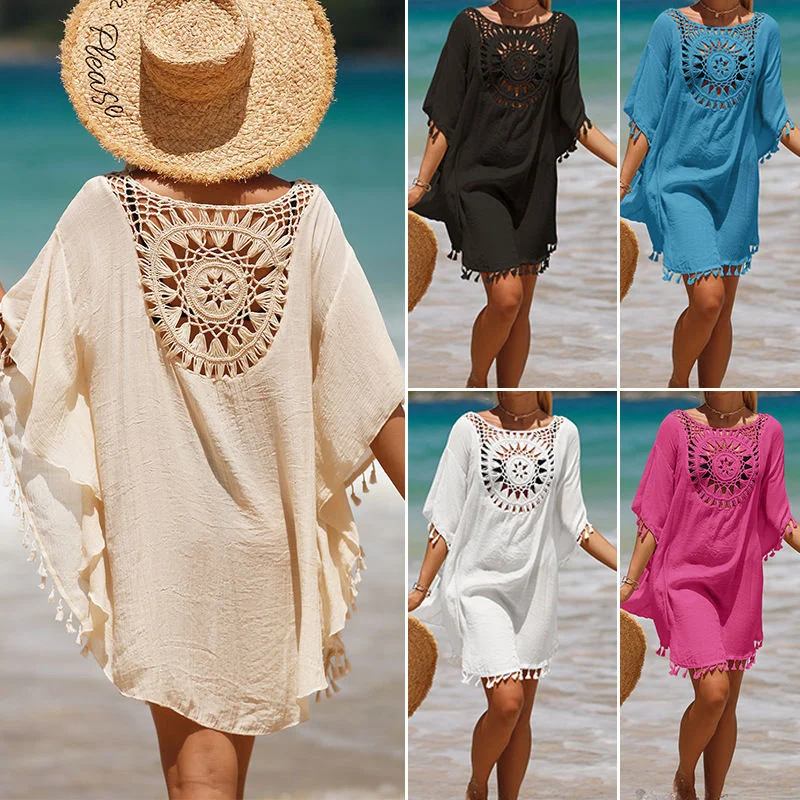 

Bikini Outside Sunscreen Clothes Seaside Holiday Solid Color Short Loose Large Size Tassel Smock