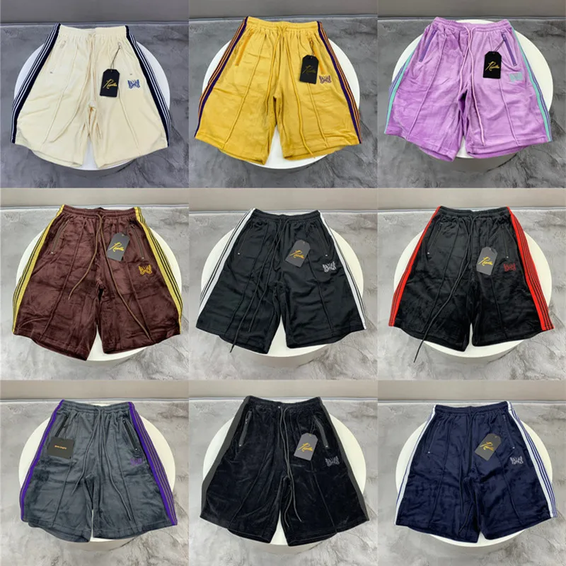 

AWGE Needles Velvet Shorts Men Women 1:1 Best-Quality Multicolor Embroidery Butterfly Needles Track Shorts Side Stripe Breeches