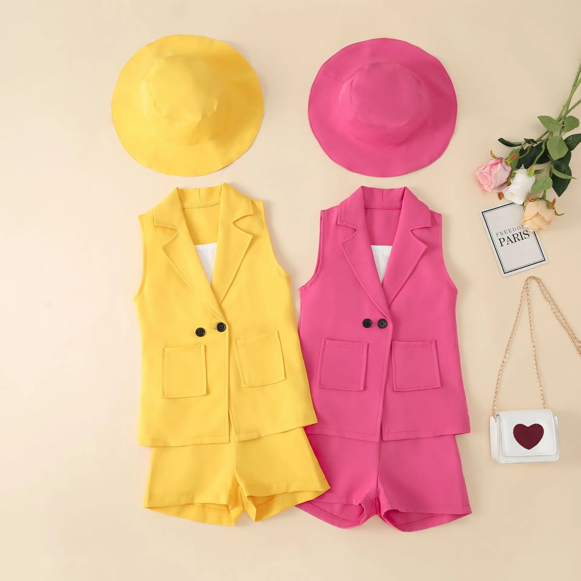 

Infant Baby Girls Outfit Set 2022 Spring and Summer Children's Long Suit Jacket Camisole Shorts Hat Four-piece Suit