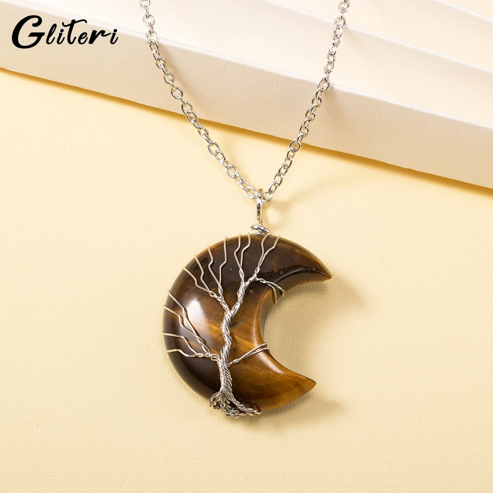 

GEITERI Natural Tiger's Eye Stones Moon Necklaces For Women Girls Silver Color Tree Of Life Crystal Pendant Choker Jewelry Party