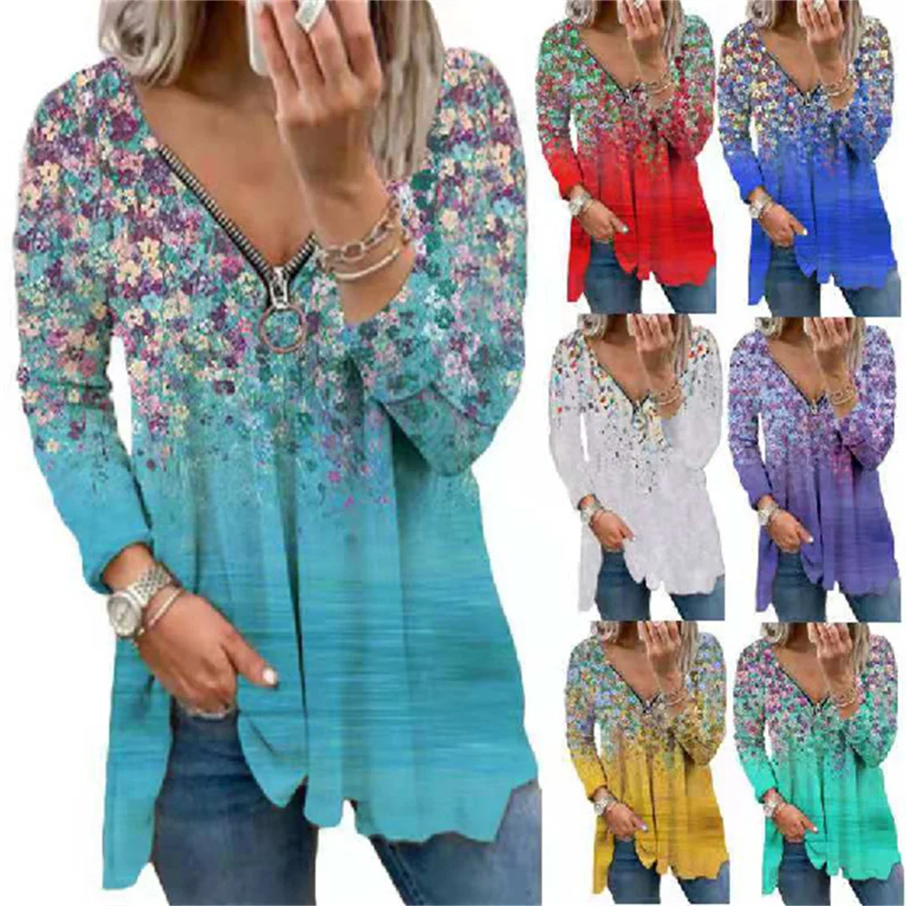 

Zipper Floral Print Long Sleeve T-Shirt Women 2022 Autumn Vintage Casual V Neck Top T Shirt Loose Ladies Street Clothes