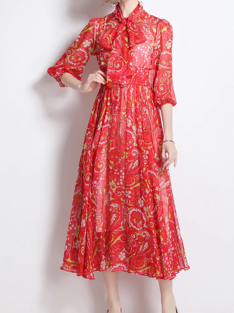 

Элегантное шифоновое платье с принтом и бантом на шее, облегающая большая юбка-качели с пузырьковым рукавом, новинка 2023, модная женская одежда