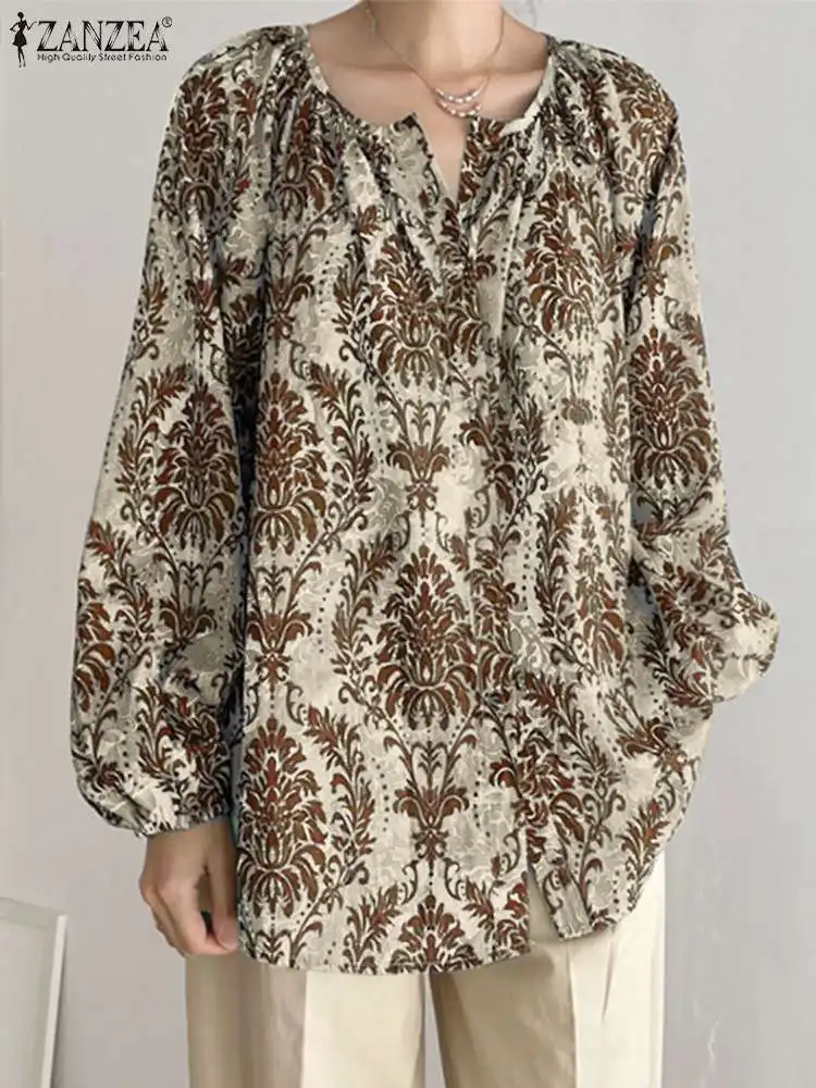 

Весна 2023, женская блузка с принтом, винтажные свободные шикарные топы, модные повседневные топы с длинным рукавом, богемная Праздничная рубашка ZANZEA, Mujer