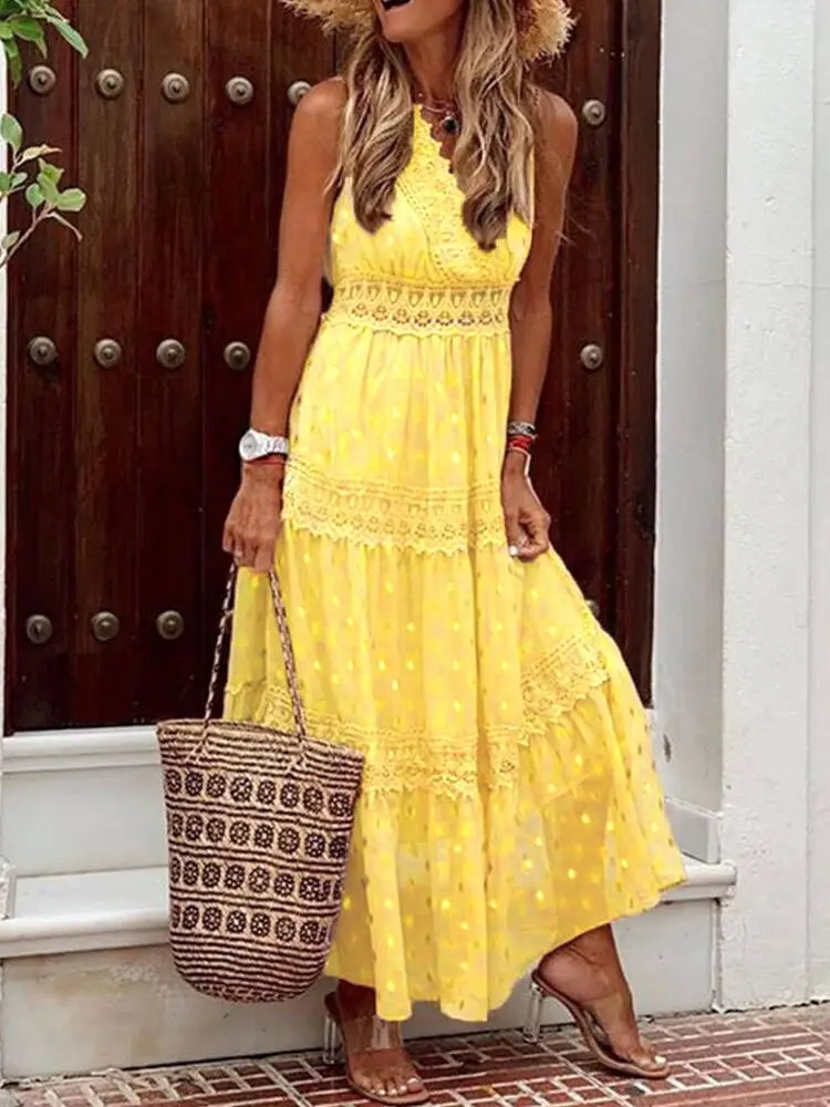 

Elegant Polka Dot Print Embroidery Patchwork Drape Long Dress Lady Summer Sexy V-neck Chiffon Dress Sleeveless Waist Beach Dress