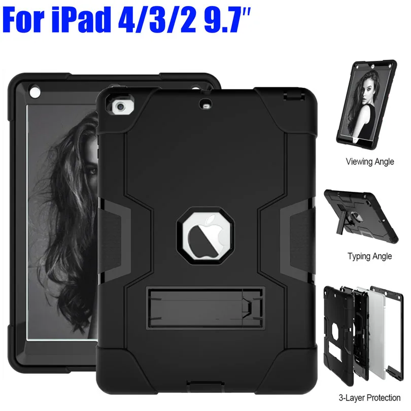 

Armor Case For iPad 4 3 2 9.7 Heavy Duty Silicone TPU + PC Hard Stand Drop Shock Proof + Screen Protector IP71