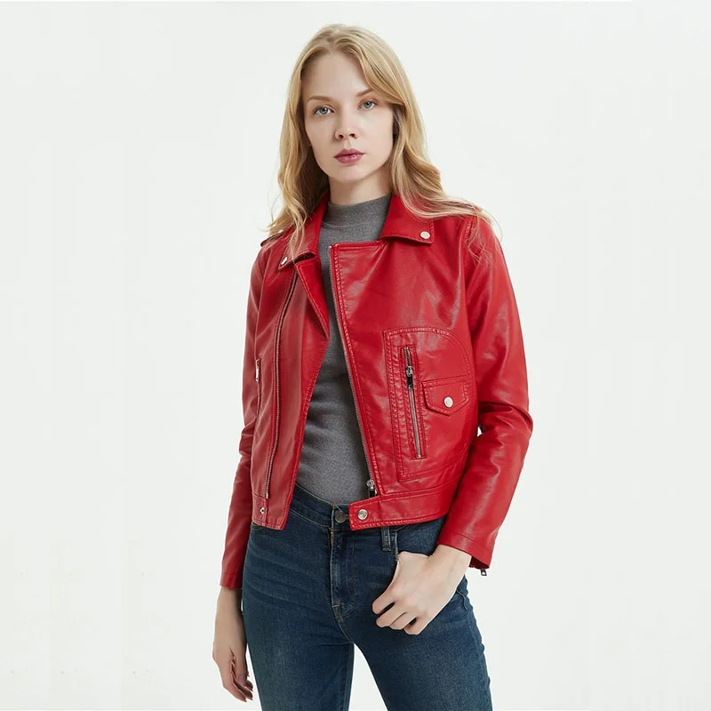 

Women Slim Short Black Red Faux Leather Jacket Spring Autumn Lapel Long Sleeve Female Motorcycle Biker Jacket Streetwear Fashion