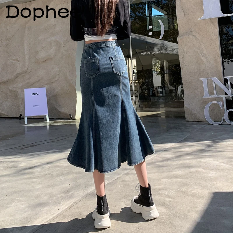 

Fashion Hip Long Denim Skirt for Women 2022 Spring Summer New High Waist Mid-Length Ruffled Fishtail Skirt Female Faldas Mujer