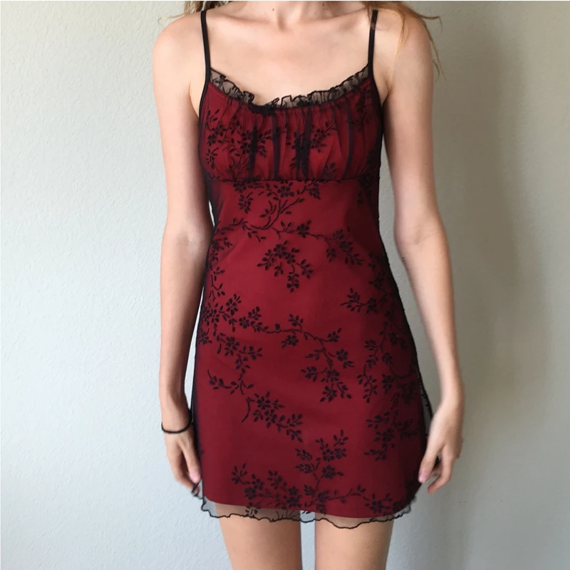 

Women Chic Vintage Lace Cute Fairy Dress Sleeveless Spaghetti Strap Grunge 90S Aesthetic E-Girl Mini Dress Streetwear