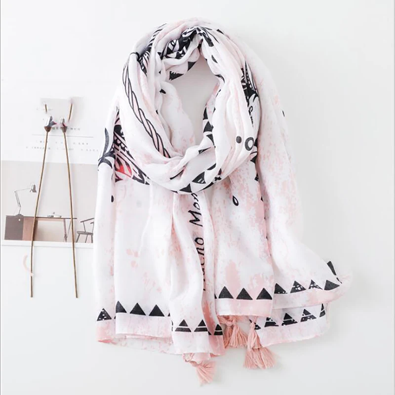 

Luxury Elegant Cotton Blend Women Scarf Foulard Designer Feather Female Shawl Women Bandana Cachecol Feminino Chiffon Hijab