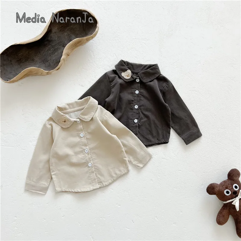 

Весенне-осенняя одежда, рубашки для мальчиков и девочек, простой вельветовый красивый топ с вышивкой медведя и длинным рукавом