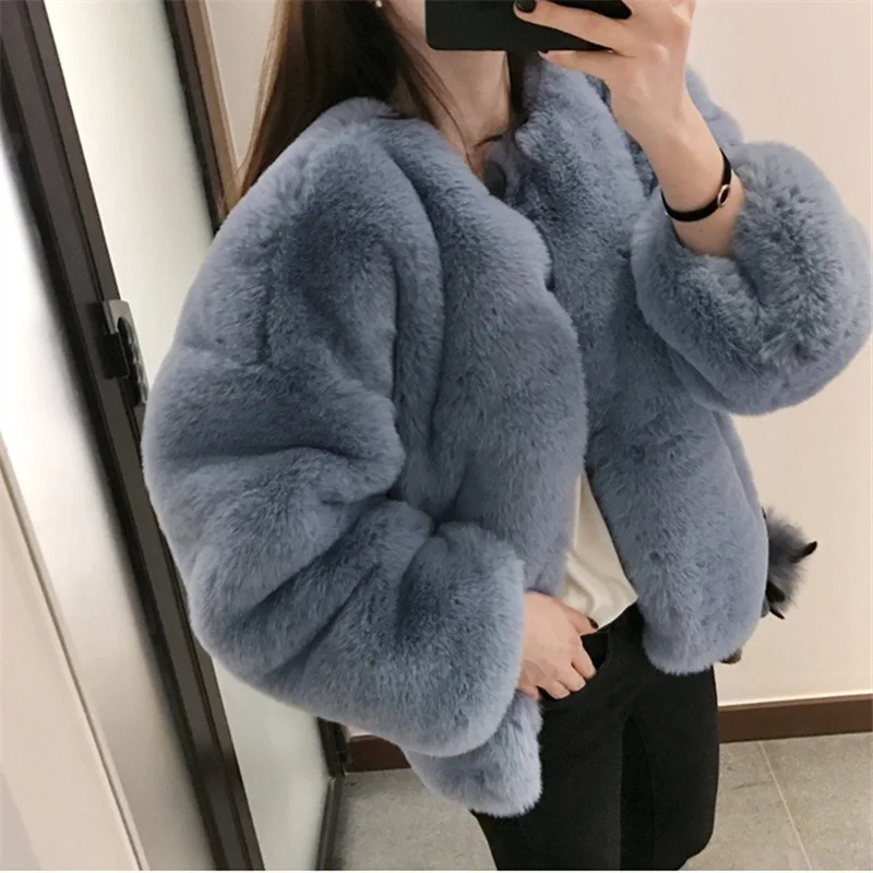 Fluffy Faux Fur Winter Warm Coats Short Jackets Women Furry Fake Fur Cropped Jacket Turn Down Collar Open Front Overcoat Black