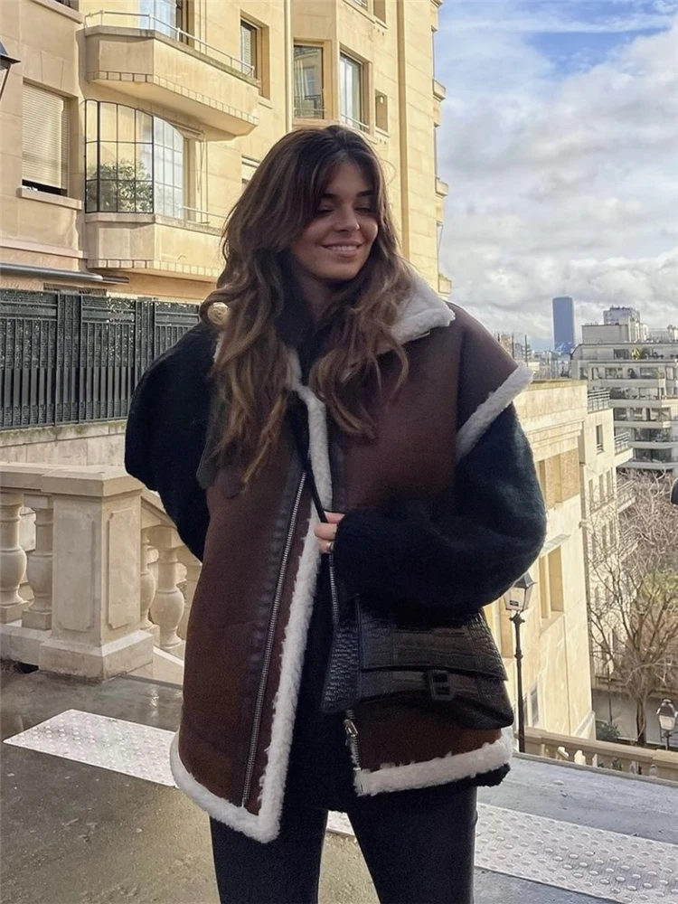 KEYANKETIAN Women's Heavy suede lamb coat Winter new dark brown zipper short faux leather waistcoat thermal vest