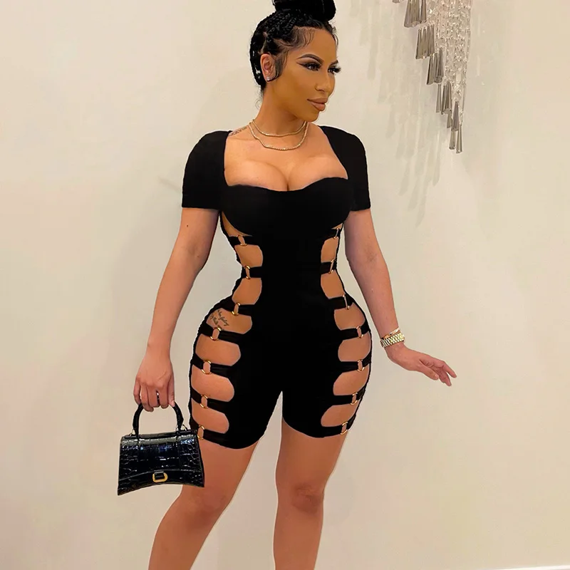 

Sexy Black Hollow Out Bandage Jumpsuit Women Shorts Playsuits Summer Short Sleeve Night Party Rompers Bodycon Birthday Outfits