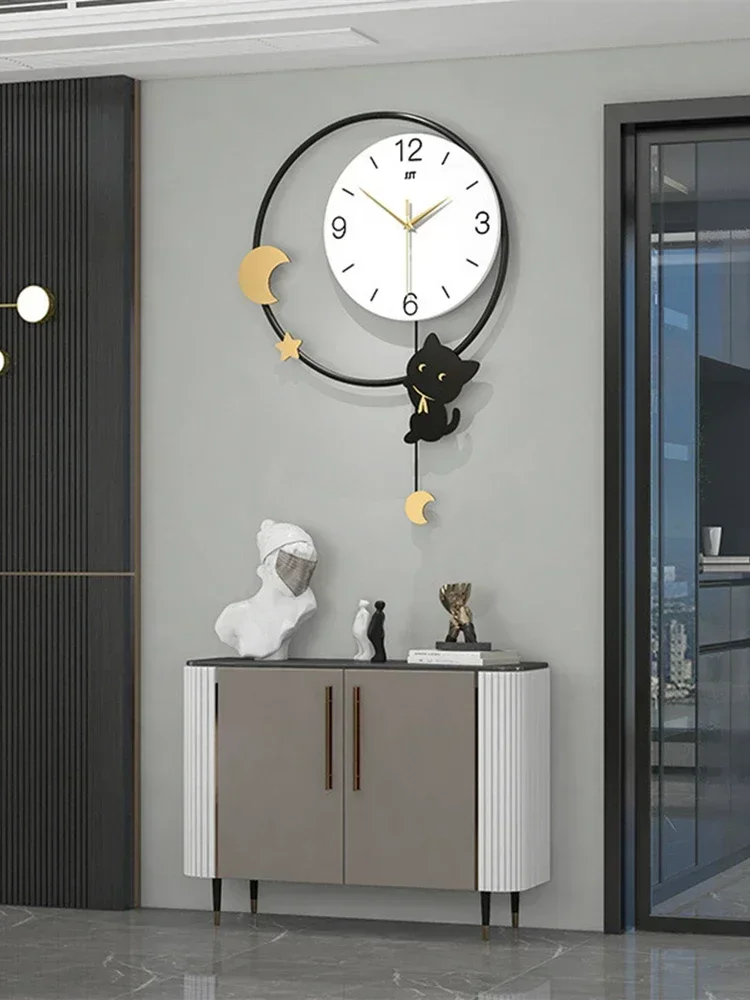 Скандинавские круглые настенные часы с качающимся котом современный дизайн