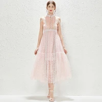coigarsam elegant dresses women new print sleeveless mesh stand neck high waist pink qi yards dress dropshipping