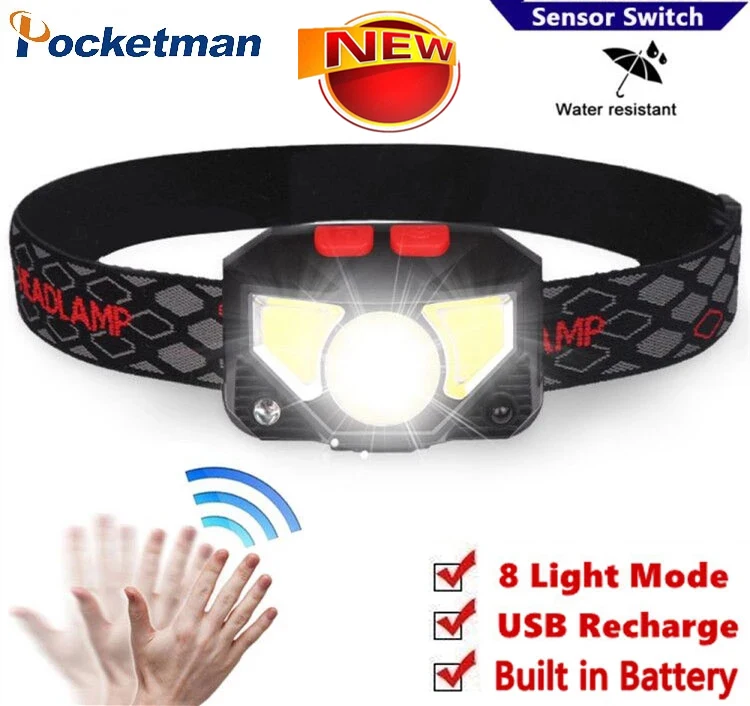 

Pocketman COB LED Headlamp Body Motion Sensor Headlight USB Rechargeable 8 Modes Head Lamp Head Flashlight for Camping Emergency