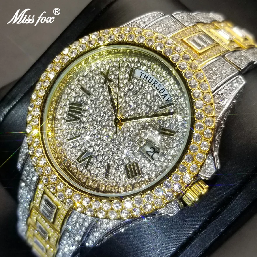 

MISSFOX Full Diamond Watch For Men Hip Hop Iced Out Quartz Wristwatch Luxury Stainless Ssteel Wwaterproof Clock Day Date Watches