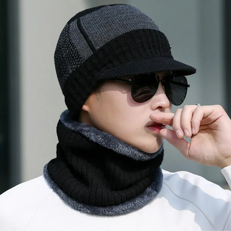 

2022 Winter Outdoor Ski Mask Cycling Hat Scarf Set For Men Thickened Warm Knitted Plush Men'S Caps Balaclava Mask Bonnets