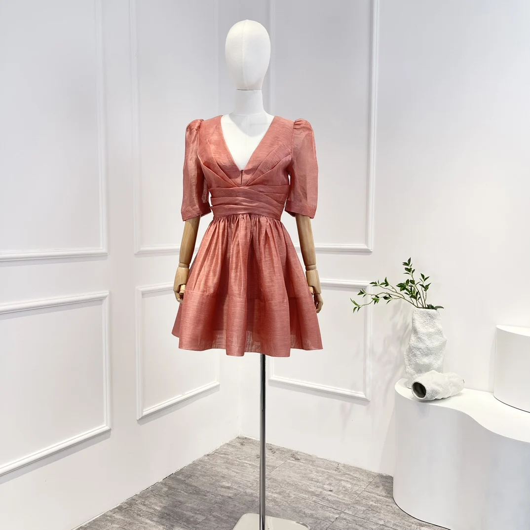 

Новинка весна-лето 2023, однотонное льняное шелковое высококачественное винтажное элегантное платье-трапеция с поясом и рукавом до локтя, женское мини-платье