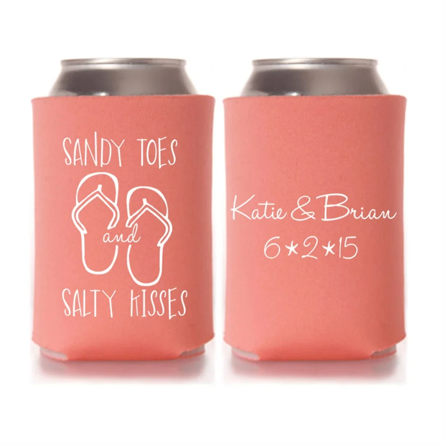 Beach Wedding Favors - Sandy Toes Salty Kisses Personalized Can Coolers, DIY Favors for Guests, Destination Wedding Ideas