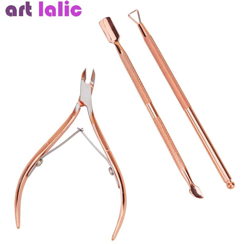 

3 Pcs/Set Nail Tools Dead Skin Pushers Romover Rose Gold Cuticle Nippers Scissors Stainless Steel Nail Art Manicure Accessory