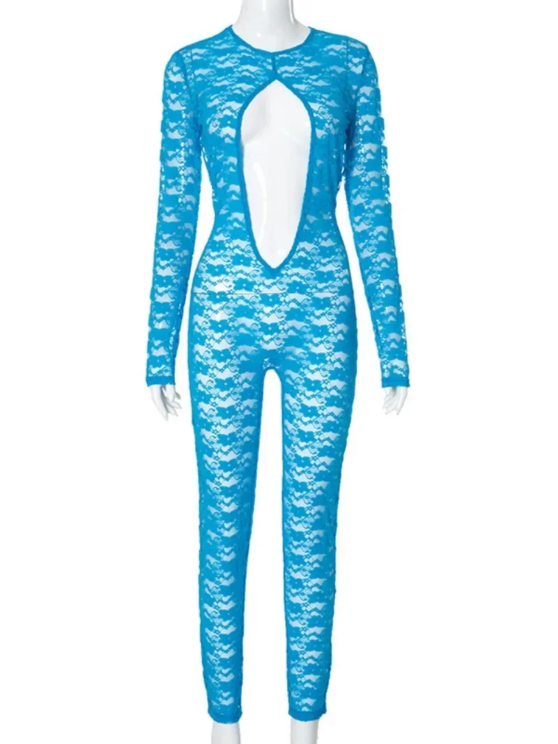 Сексуальные прозрачные кружевные комбинезоны с круглым вырезом и длинными