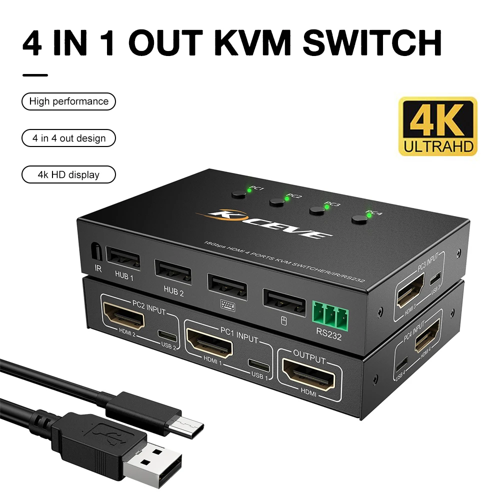 Квм-консоль с 4 портами, сканер HD 4K, USB квм-консоль, переключатель 4 в 1, выход для общей клавиатуры, мыши, дисплей, переключатель клавиш, управление последовательным портом RS232