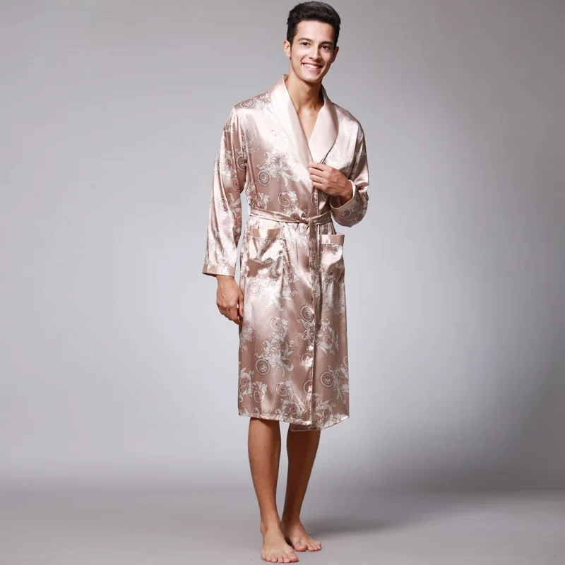 Robe Men Summer Single Nightgown Satin Bathrobe Kimono Long Sleeve Home Dressing Gown For Men Pajamas With Dragon