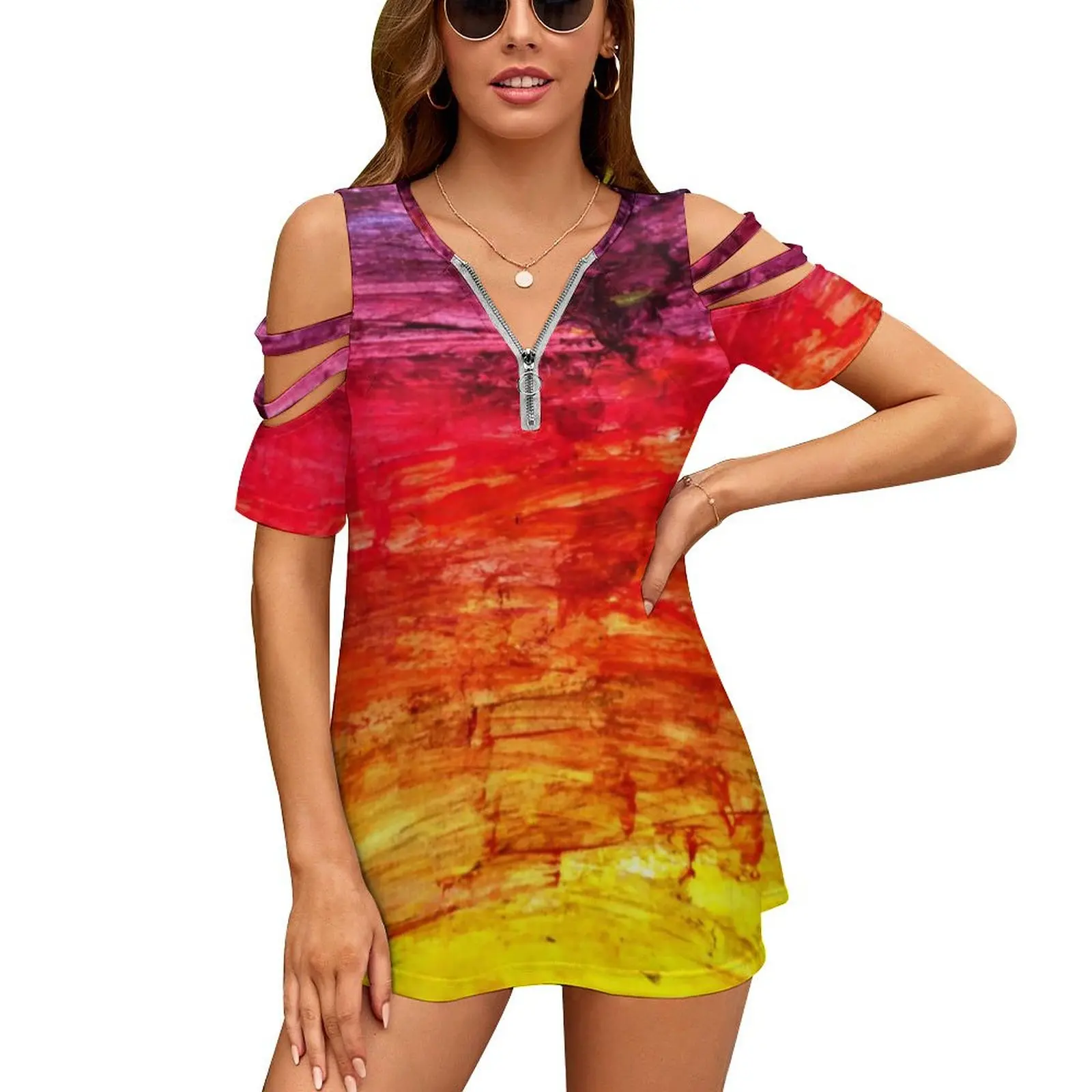 

Abstract Sunset T-Shirt Trendy Modern Art Print V Neck T-Shirts Short-Sleeve Street Style Tee Shirt Oversized Top Tees Gift