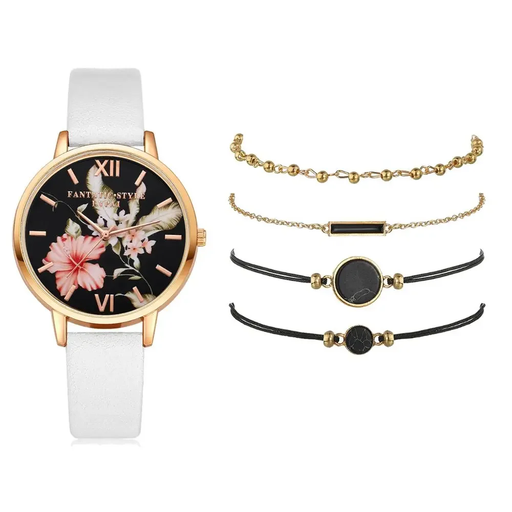 5pcs set Women Watches Bracelet Black Ladies Bracelet Watch Casual Leather Quartz Wristwatch Clock Relogio Feminino