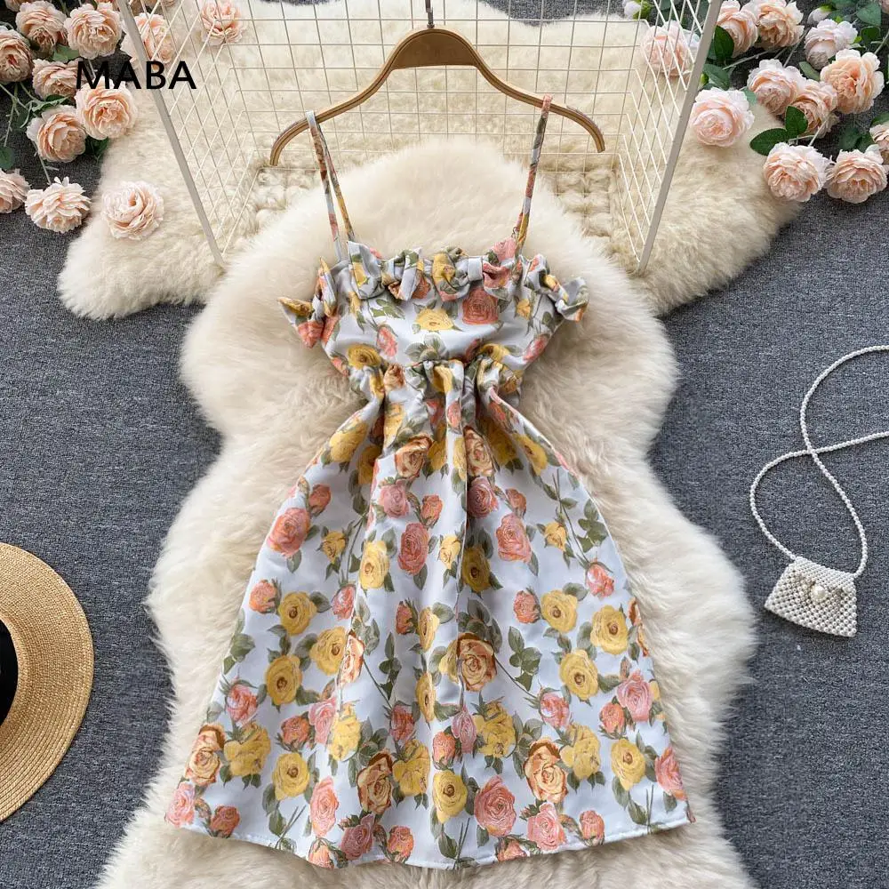 

2022 Summer Women Sexy Mini Spaghetti Strap Dress Off Shoulder Slim Vintage Floral Print Designer Bow Backless Party Dress Femme