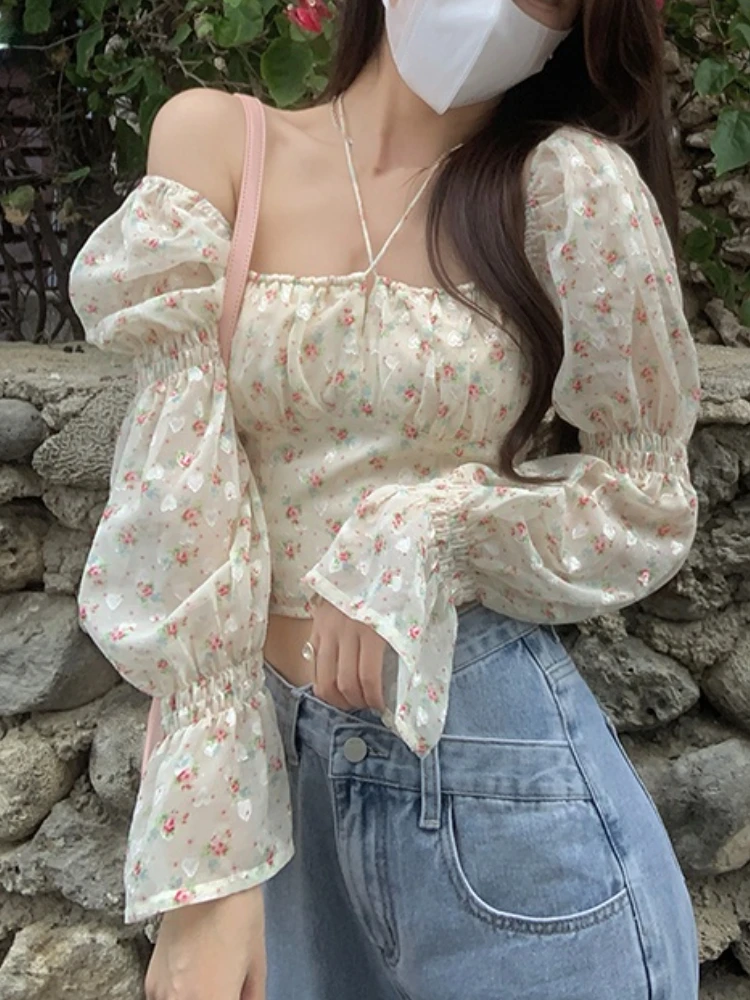 

Женская винтажная блузка с цветочным принтом, приталенный элегантный укороченный топ с буффами на рукавах, повседневный пикантный Модный пуловер в Корейском стиле, французский стиль, лето 2022