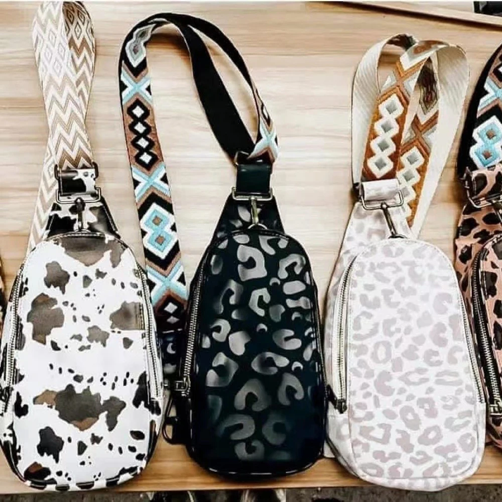 Fashion Leopard PU Leather Sling Bags Women Casual Vintage Guitar Strap Crossbody Chest Bag Ladies Street Versatile Fanny Packs