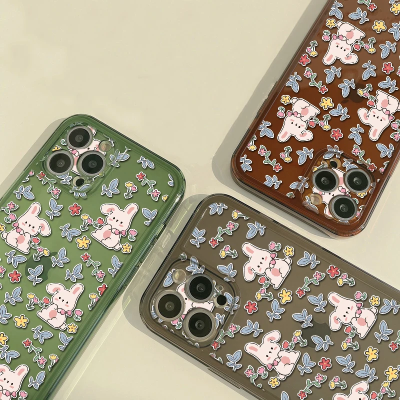 

Rabbit And Flower Pattern Phone Case,For IPhone11 13 12 14 Pro Max X Xs Xr 7 8 Plus Mini Se20,Four Corner Airbag Anti Fall Cover